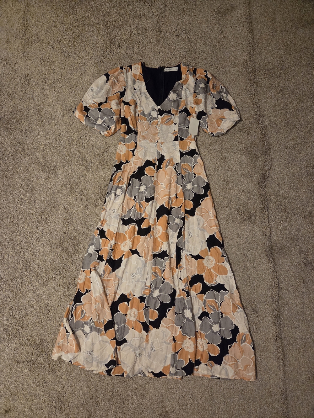 Petal & Pup Black Maxi Dress with Peach & Gray Floral Print